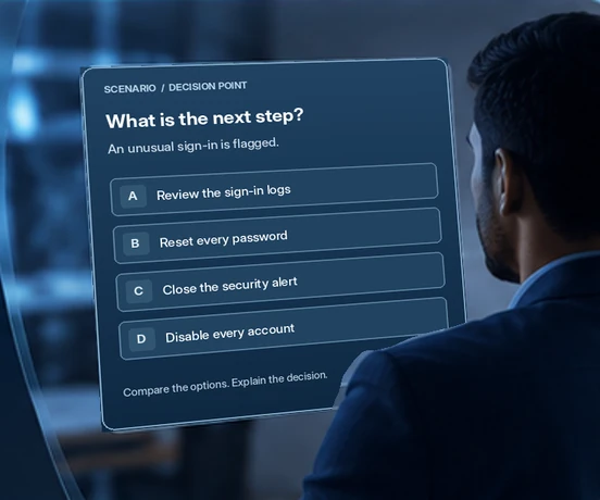 Scenario review screen showing a reasoned decision.
