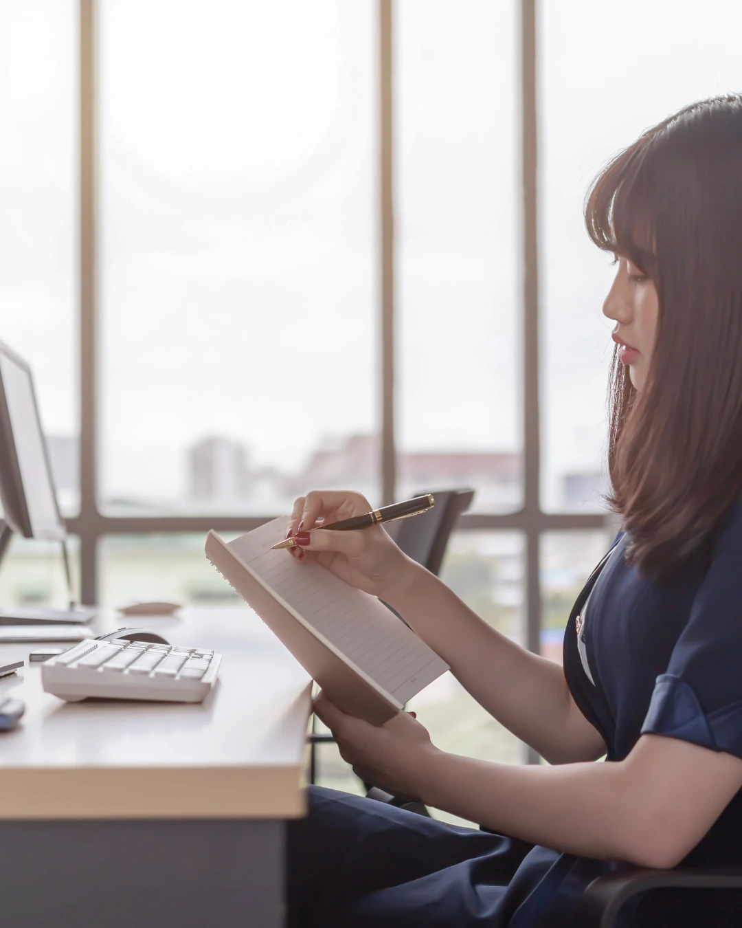 A professional making notes at a desk.