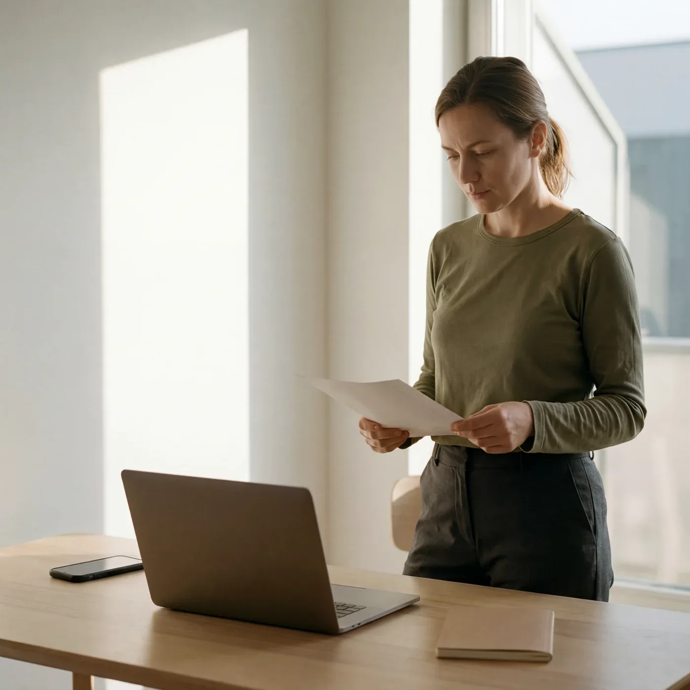 A professional reviewing a document beside a laptop in a bright office.