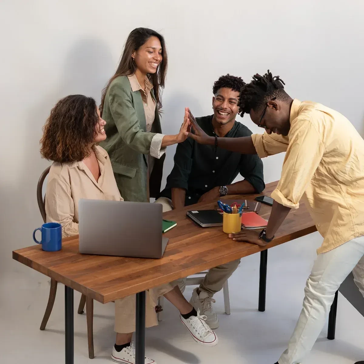 A team collaborating around a table.